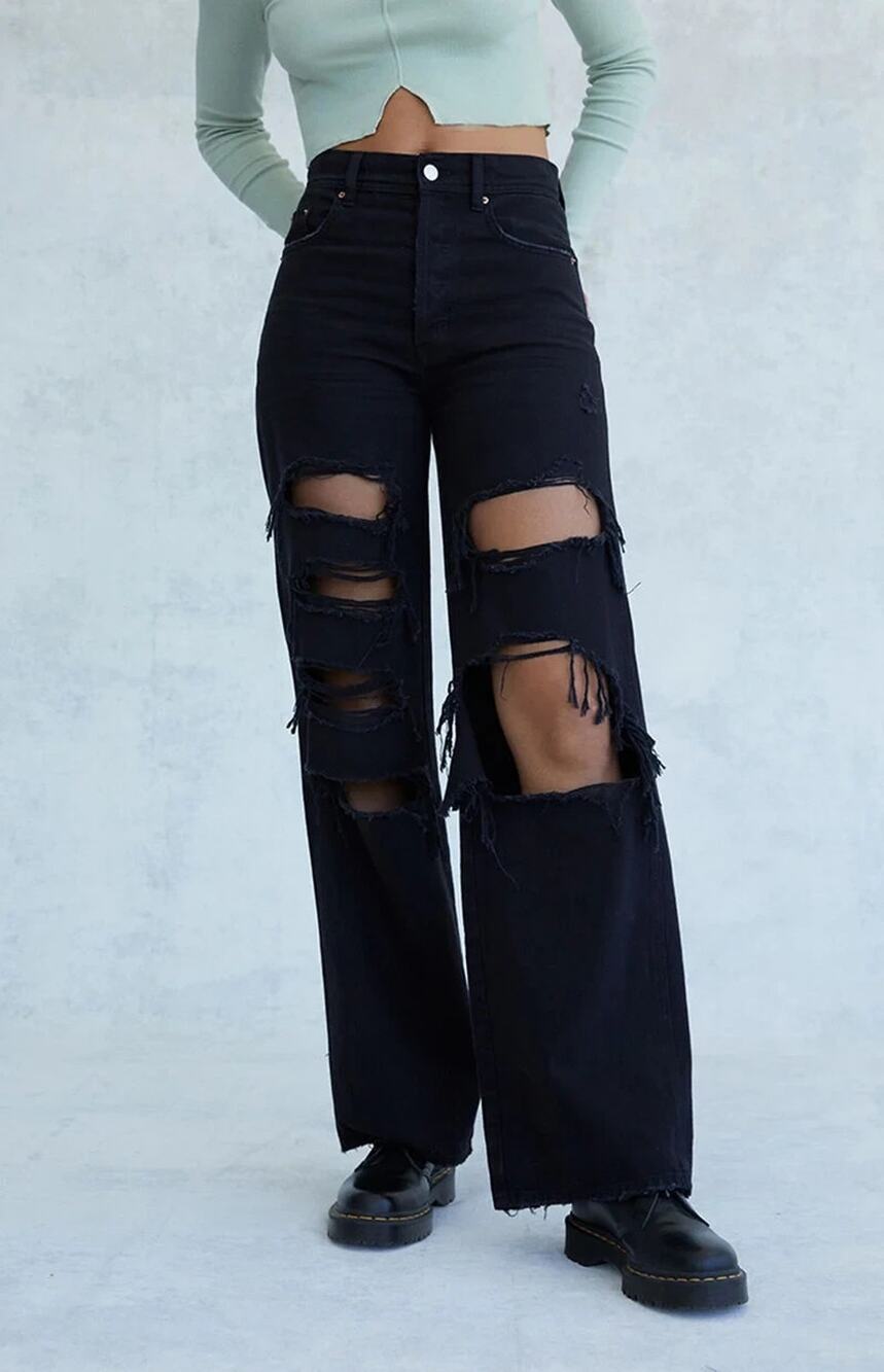 Pacsun Black Distressed Jeans High Waisted Baggy Distressed Flare 23 Eco Cotton